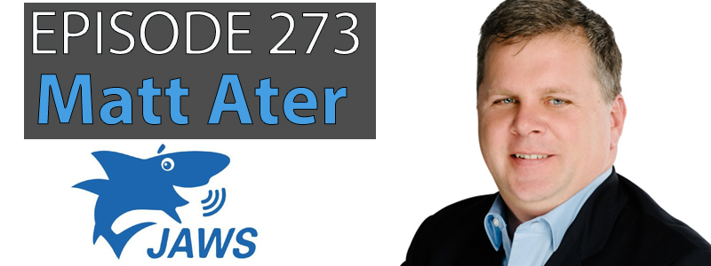 Matt Ater dressed in a collared shirt and suit jacket smiles as the JAWS for Windows logo floats alongside.