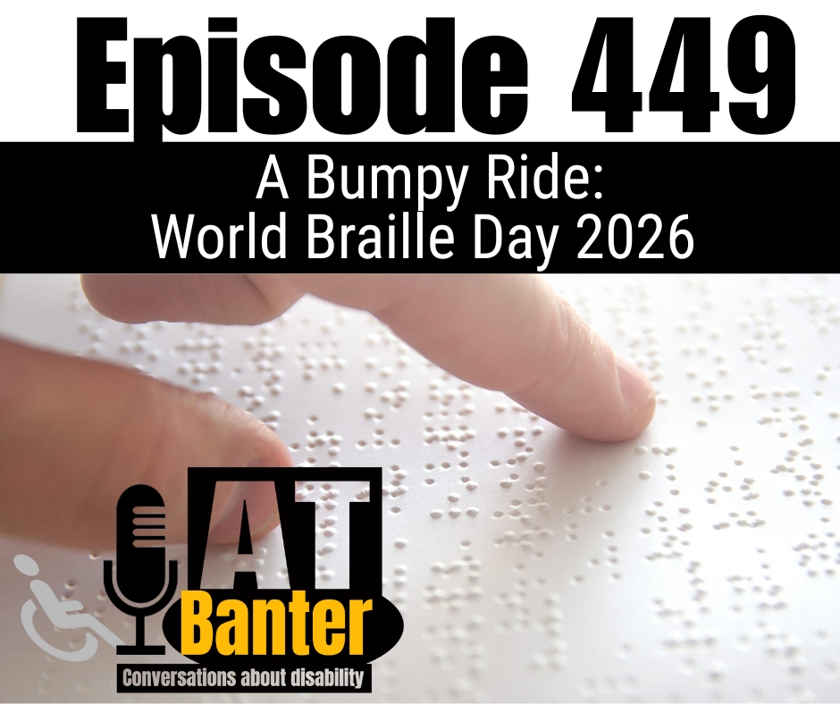Test reads Episode 449 - A Bumpy Ride: World Braille Day 2026. An image of a hand tracing a line of braille on braille paper is the background.